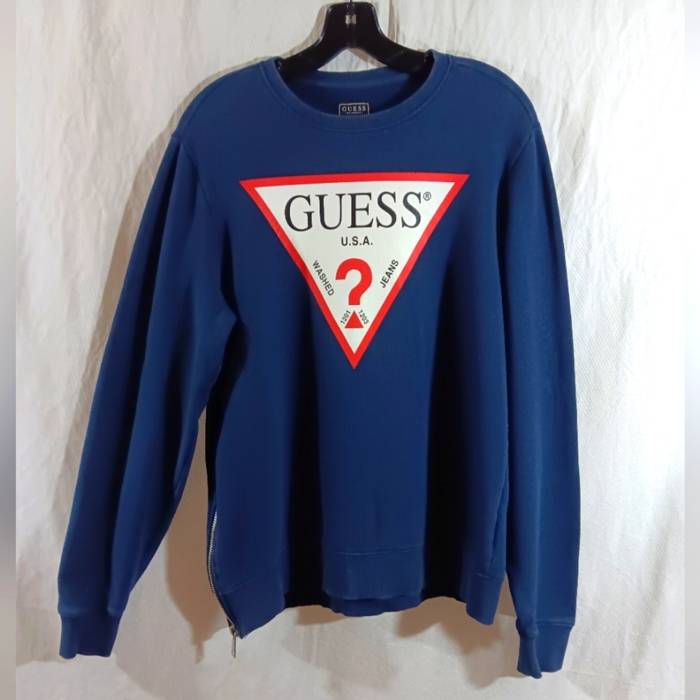 Guess Mens Small Sweatshirt Triangle Logo Small Navy Blue Top Side Zipper Y2K